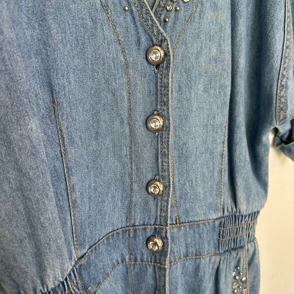 Monique Fashions Women’s Silver Tone Glitzy Studded Denim Short Button Front Rom - Picture 11 of 12